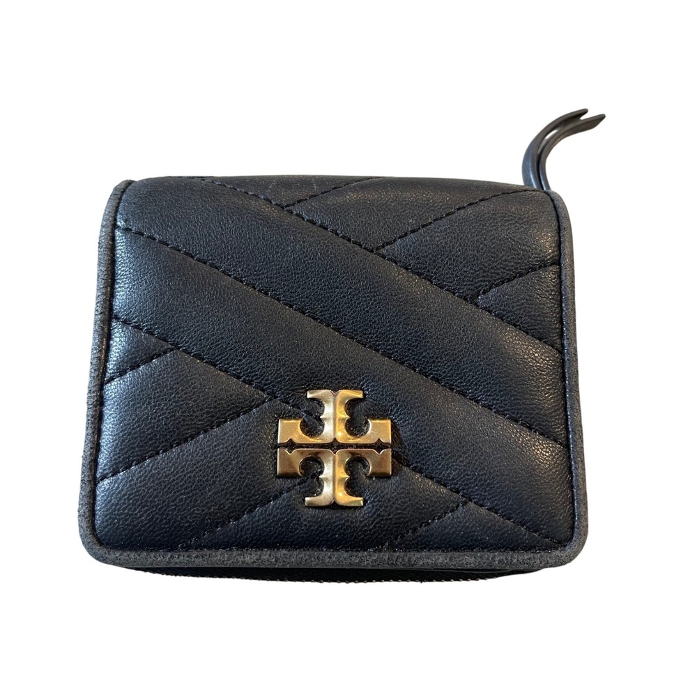 Tory Burch Kira Chevron Bi-Fold Wallet Womens Black Leather Quilted Gold Logo